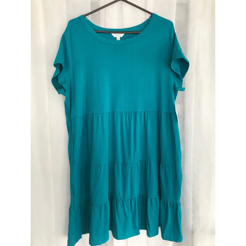 Time and Tru Womens XL 16-18 Teal Tiered T-Shirt Dress Short Flutter Sleeve New